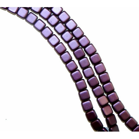 Purple 6mm Square Glass Czech Two Hole 25 Tile, Loose Beads,