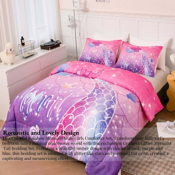 URBONUR 3 Pcs Mermaid Queen Comforter Sets for Girls Glitter Fish Scale Comforter Kids Bedding Set for Teens Gradient Rainbow Kids Bedding for All Season Walmart Business Supplies