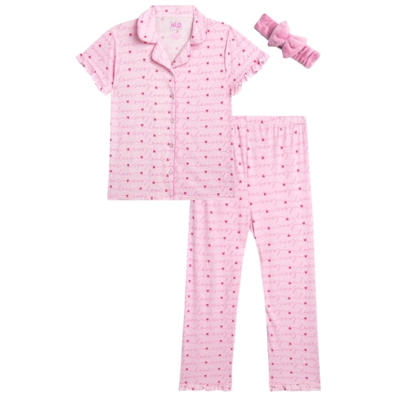 dELiA*s Girls' Pajama Set - 2 Piece Button Down Sleepwear Pajamas for Girls with Spa Headband (4-12)