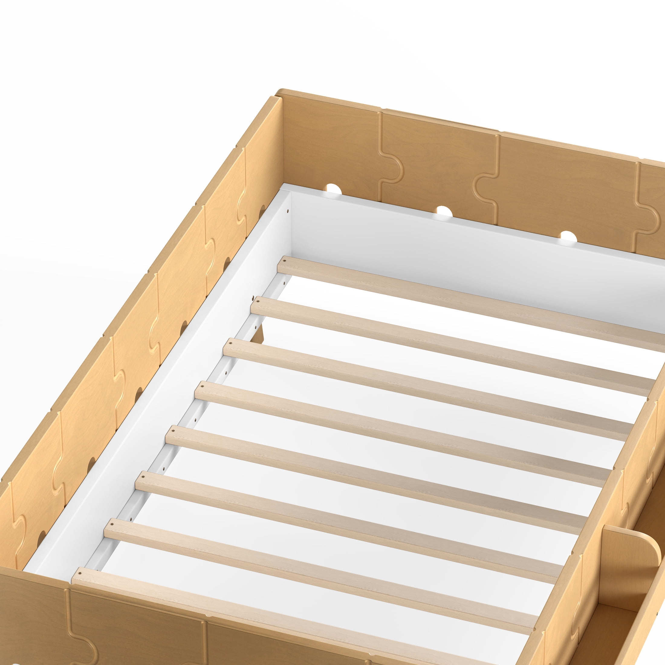 GDF Studio Twin Size Montessori Floor Bed with Guardrails & Bookshelves, Building Block Design, White+Natural