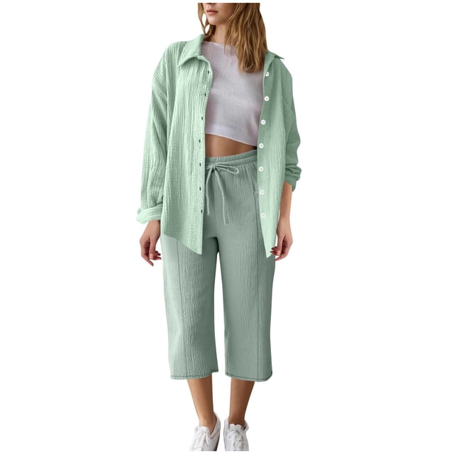 Floleo Ensemble d'Été pour Femmes, Blouse à Manches Longues et Pantacourt avec Poche, Col Rabattu, Tenue Décontractée et Confortable pour le Travail, les Rendez-Vous, les Vacances, Toutes Saisons, Polyester, Vêtement Mode (Vert Menthe, P)
