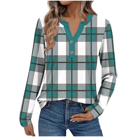 Womens Long Sleeve V Neck Shirts 2025 Fall Tunic Tops Plaid Print Blouses Dressy Casual Work Blouses