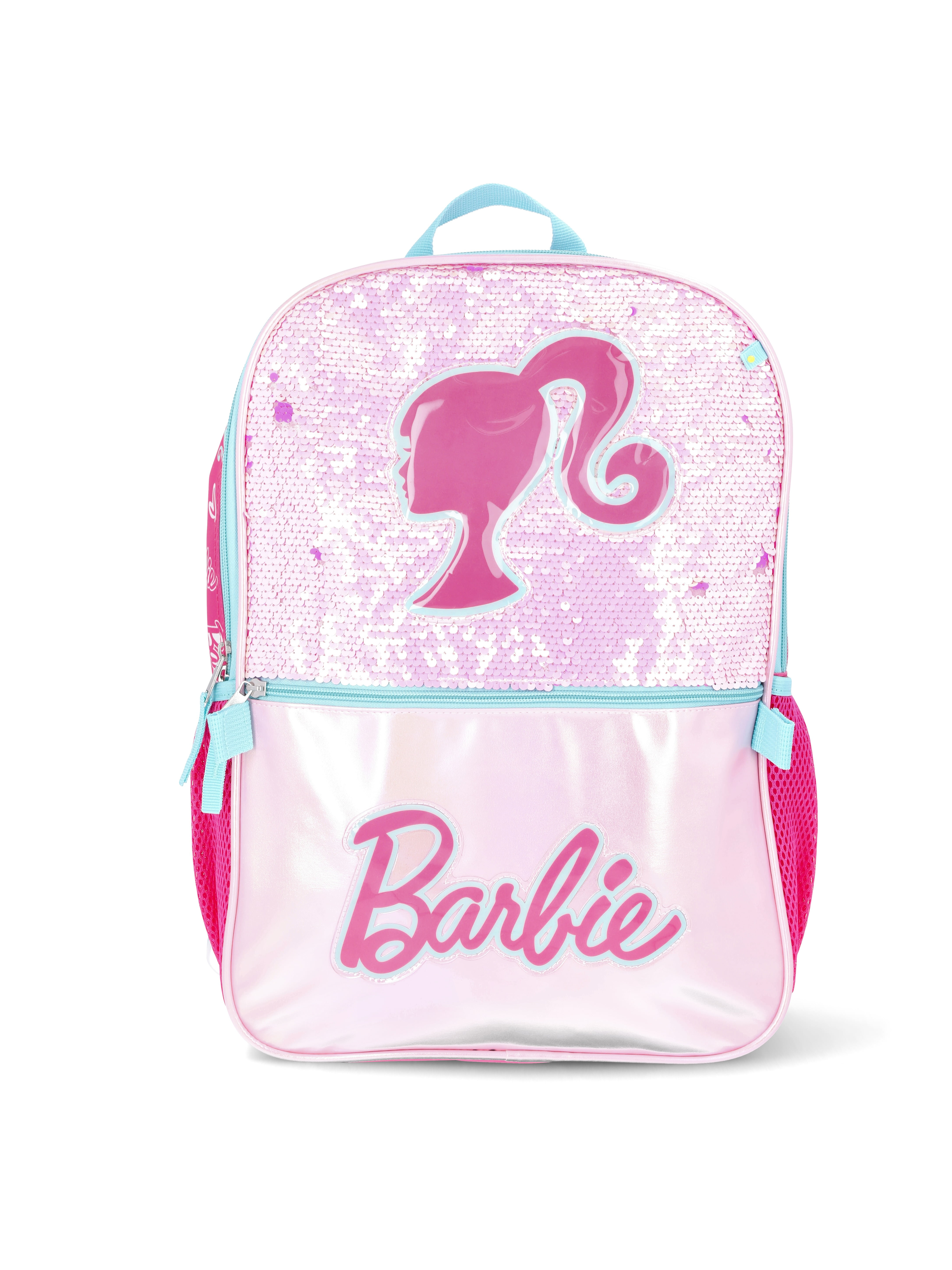 Barbie Girls 17" Sequin Backpack, Lunch Box, Coin Pouch, and Tote Set, 4-Piece, Pink
