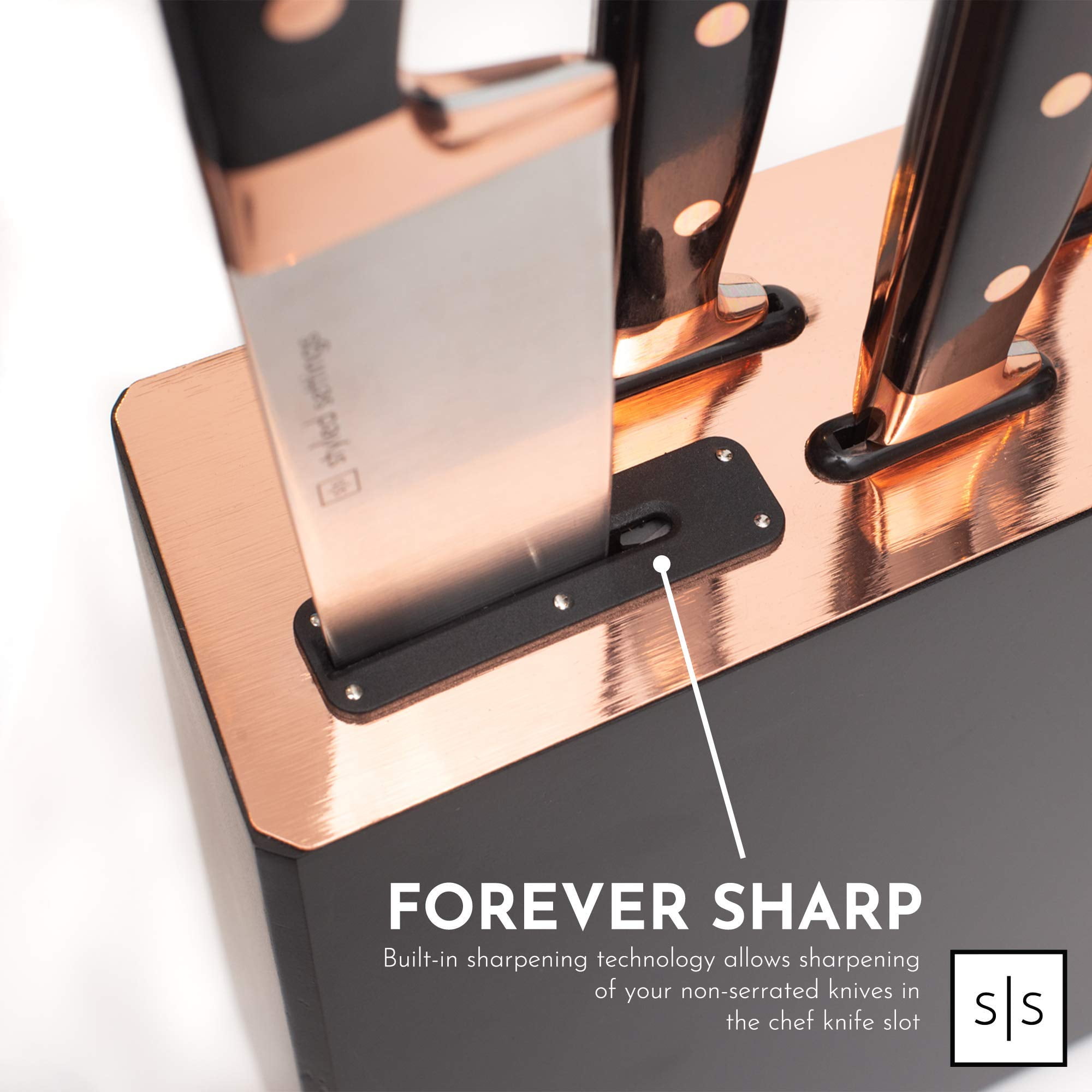 Styled Settings Copper Knife Set with Sharpening Block, Bronze