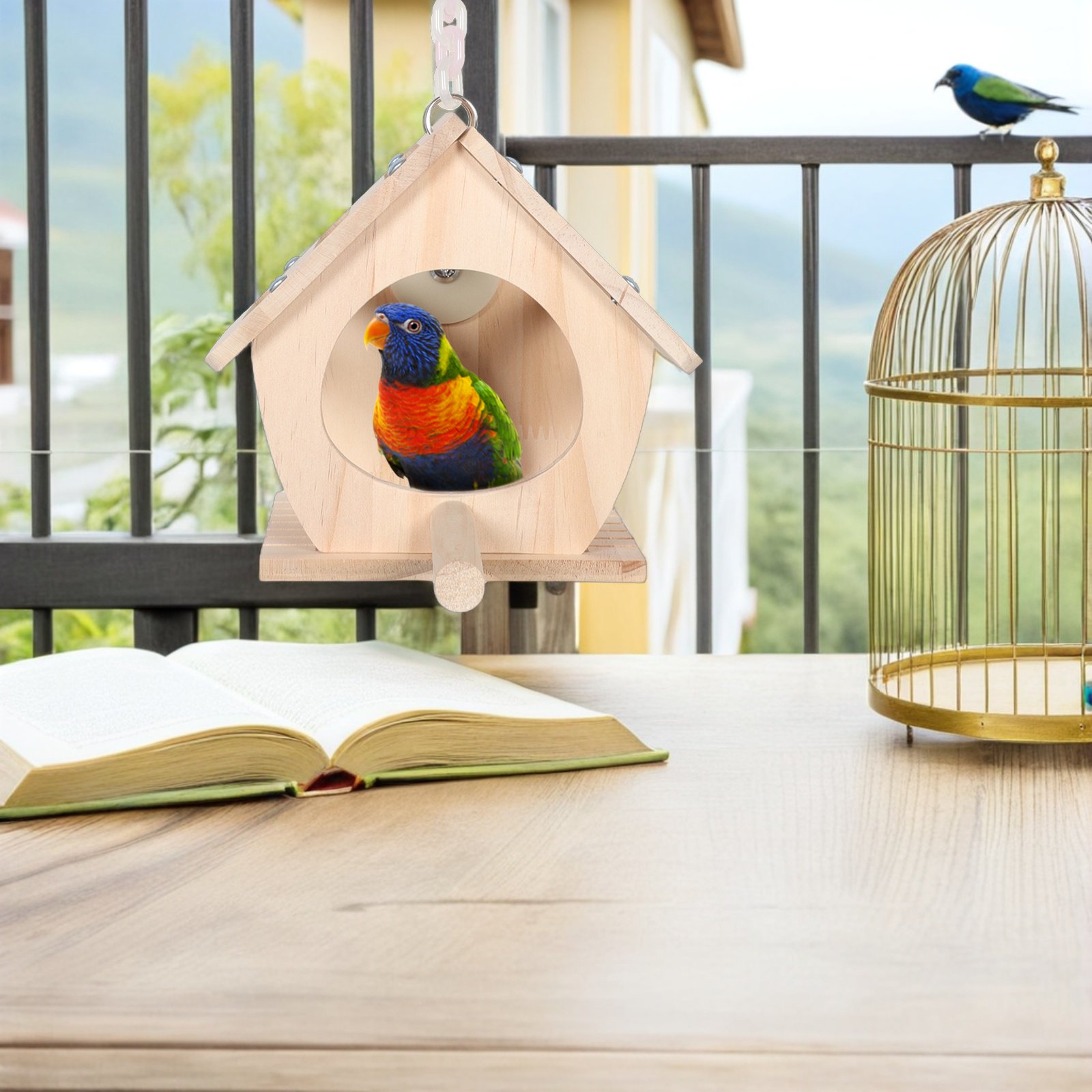 EXHUMKY Wood Bird House Light Yellow Multi-Use for Parakeets and Lovebirds