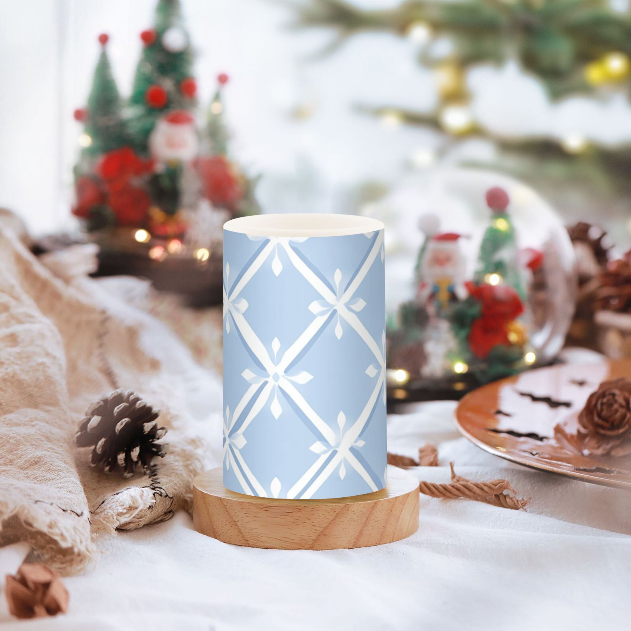 Light Blue Twill Checkerboard Flickering Flameless Candles LED Tealight Battery Operated with Remote Set of 2 Holiday Decor Ornaments