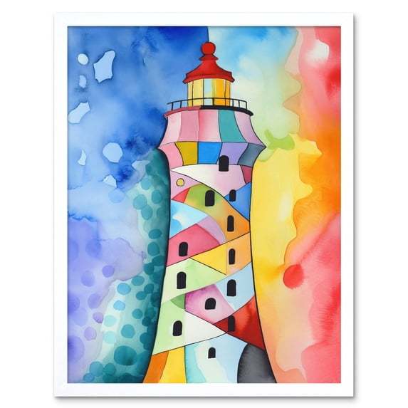 Lighthouse Concept With Rainbow Colour Sky Folk Art Watercolour Painting Art Print Framed Poster Wall Decor 12x16 inch