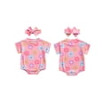 thumbnail image 3 of Aojekbee Baby Girls Summer Casual Romper Short Sleeve O Neck Floral Print Romper with Headband, 3 of 10