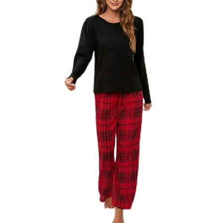 

Niuer Women Two Pieces Outfits Plaid Pajamas Sets Ladies Bow Lounge Set Tops And Pants Home Clothes Straight Leg Lace Up Sleepwear Black 5XL