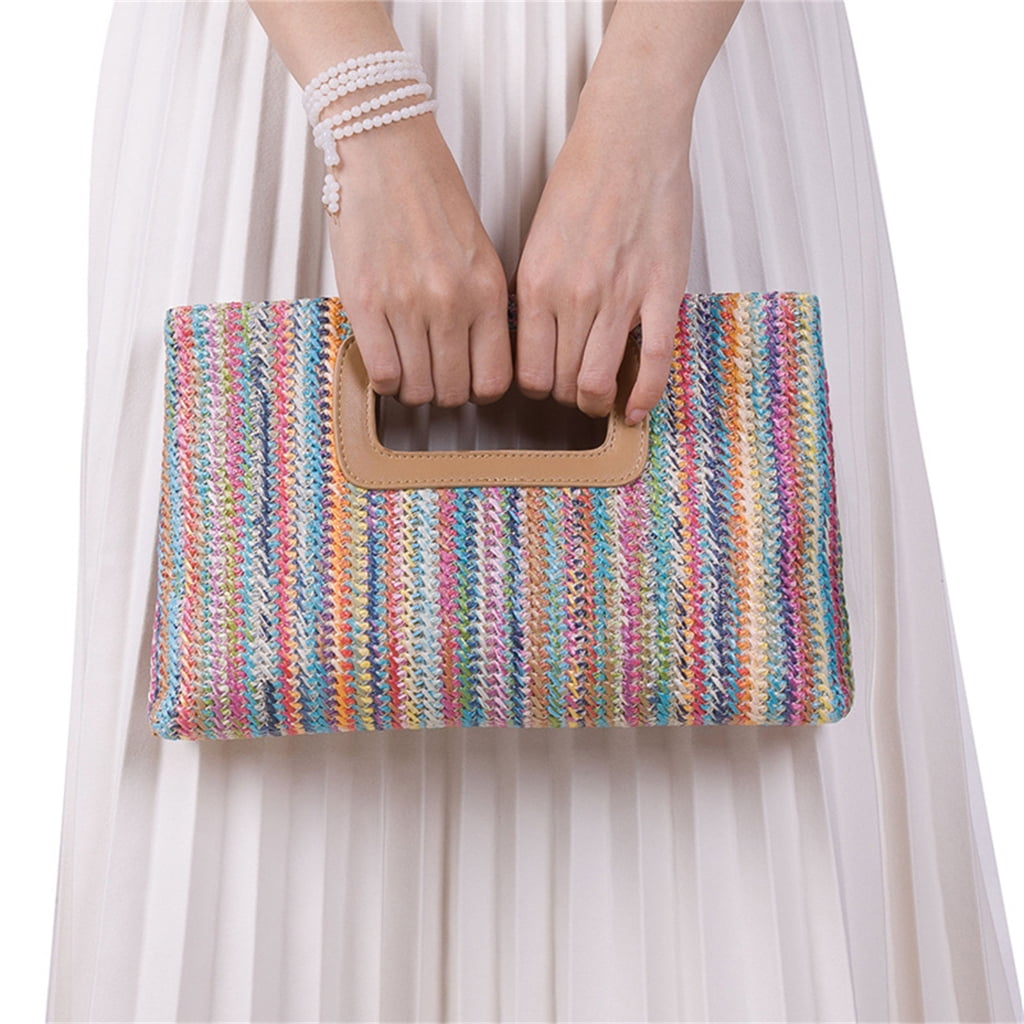 FENOHREFE Straw Clutch Handbag Summer Beach Straw Purse for Women Woven Beach Bag Straw Shoulder Crossbody Bag Evening Handbag