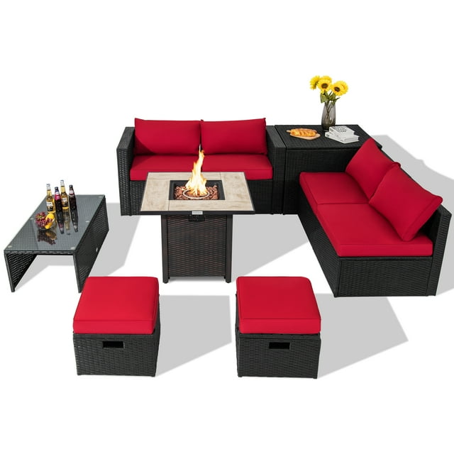 Topbuy Ensemble de Conversation de Patio en 9 Pcs pour l'Extérieur en Rotin PE Tressé avec Table de Foyer au Gaz de 42 Pouces, Sectionnel Peu Encombrant avec Coffre de Rangement Rouge