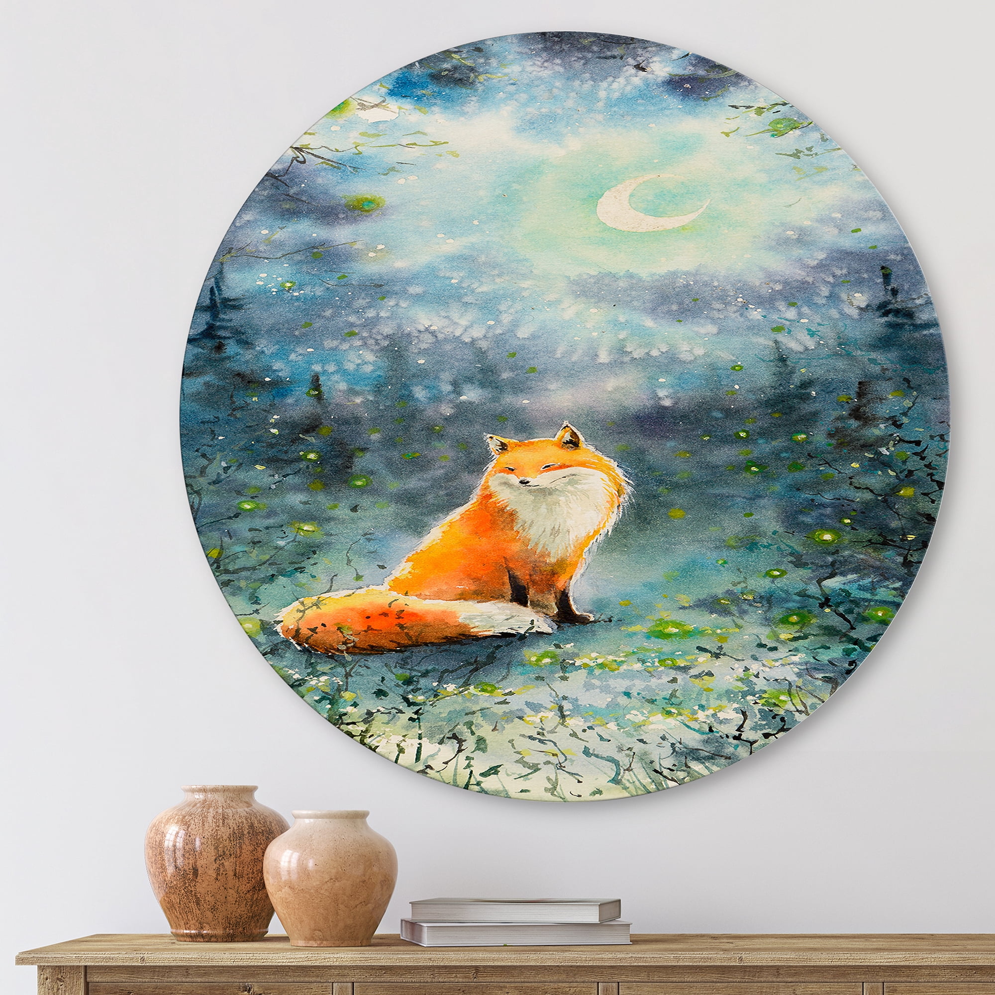 Designart 'Fox Over A Night Sky With Moon' Children's Art Circle Metal Wall Art 11x11 - Disc of 11