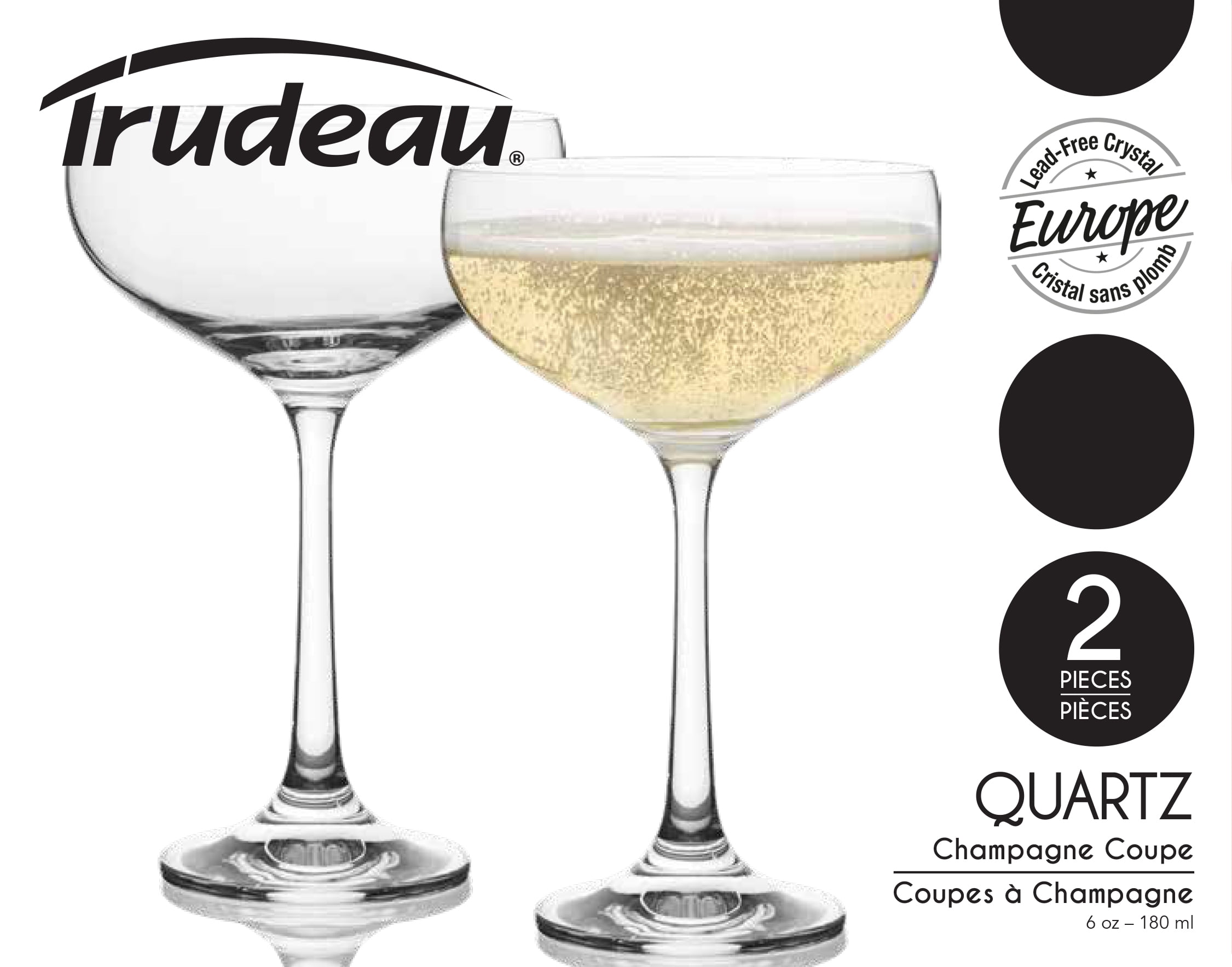 Trudeau Quartz Coupe Champagne Glasses, Set of 2 – 6 oz / 180 ml, Lead-Free Crystalline, Glassware, Quartz Coupe glass
