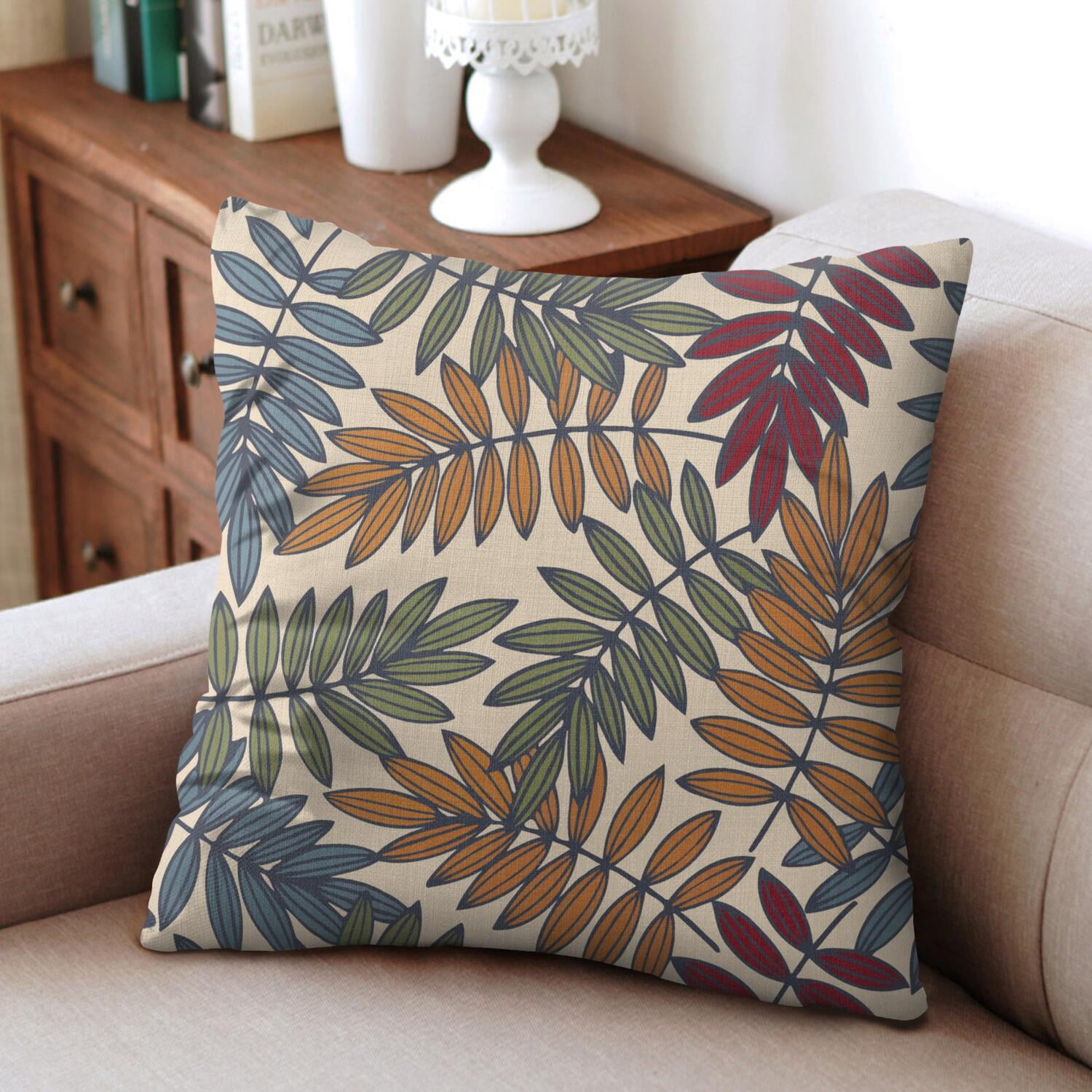 Set Of 4 Multicolored Leaves Tropical Botanical Pillow Covers 20x20 Inch Linen Decorative Square Throw Pillow Covers for Living Room Sofa Couch Decoration