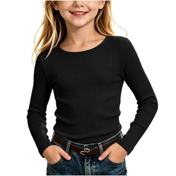 Khunlpohl 5-13 Years Girls Shirts Round Neck Solid Color Slim Undershirts Ribbed Long Sleeve Lounge Clothes for Kids