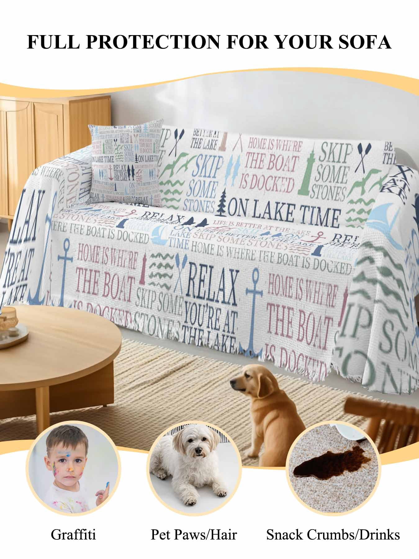 Ocean Nautical Couch Cover, Rustic Anchors Fish Oars Lighthouses Sofa Cover Blanket for Loveseat Couches, Sectional Sofa Slipcover Furniture Protector for Living Room Bedroom 71''x118''