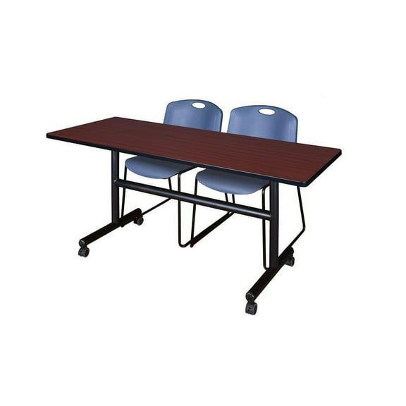 60" x 30" Flip Top Mobile Training Table-Mahogany and 2 Zeng Stack Chairs-Blue