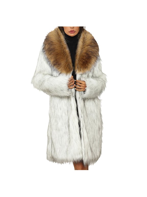 felwors Faux Fur Coat Women Long Fuzzy Fleece Jacket Open Front Cardigan Fur Lapel Coat Warm Winter Coats Fashion Outfits Gold, XXXL