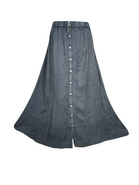 Mogul Women's Button Front Blue Stonewashed Embroidered Boho Chic Gypsy Long Skirts