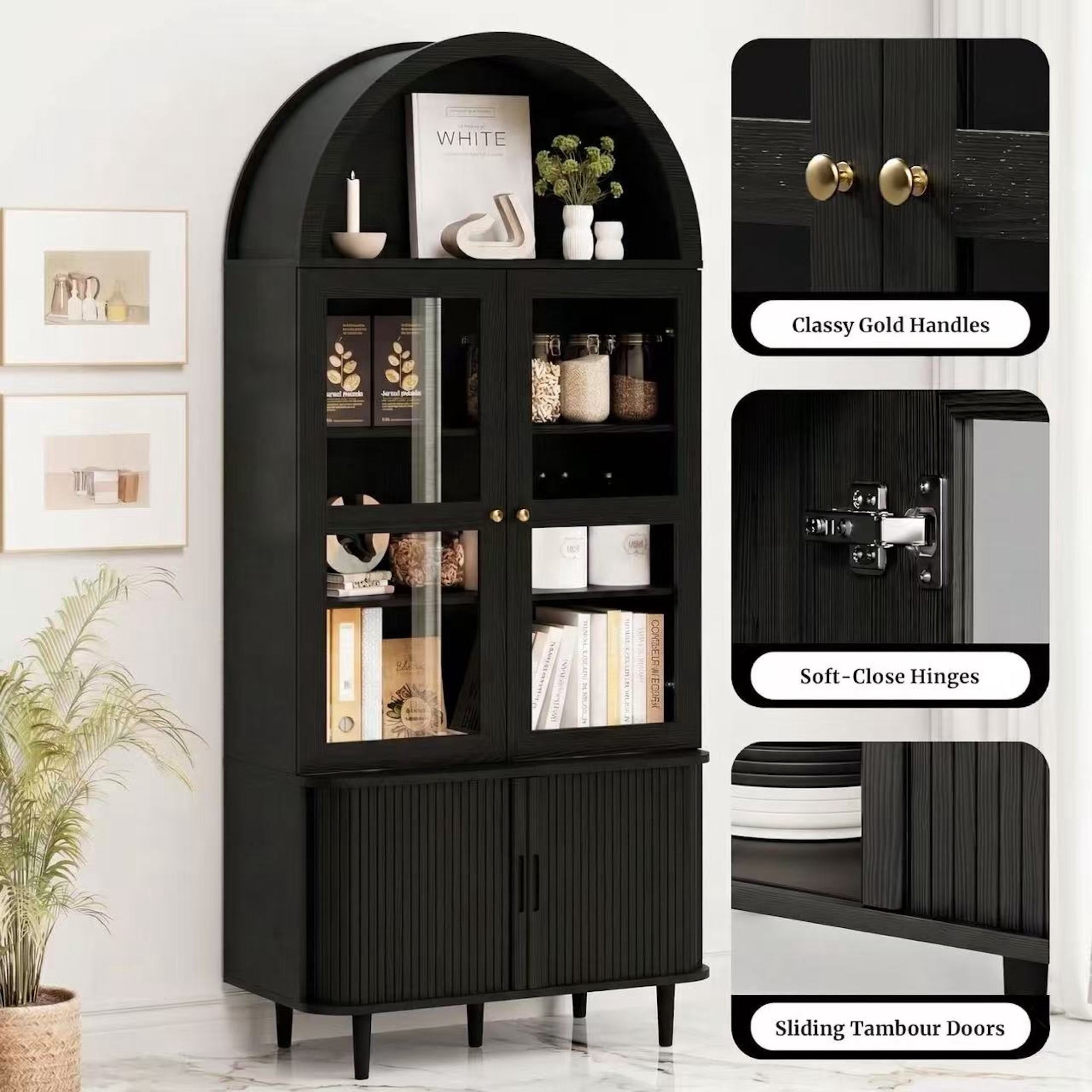 Aisword 71" Tall Arched Bookcases, 5-Tier Modern Farmhouse Bookshelf with Adjustable Shelves & Sliding Doors, Wood Display Storage Cabinet for Living Room, Office, Black Withdoors