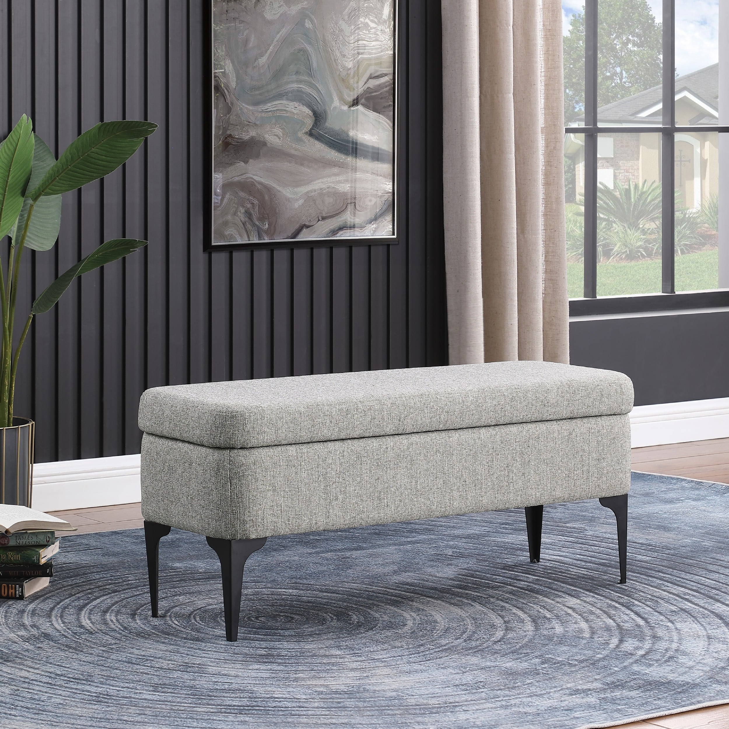 HomePop Large Modern Storage Bench with Metal Legs, 42"W x 14.5"D x 17.5"H, Sustainable Gray