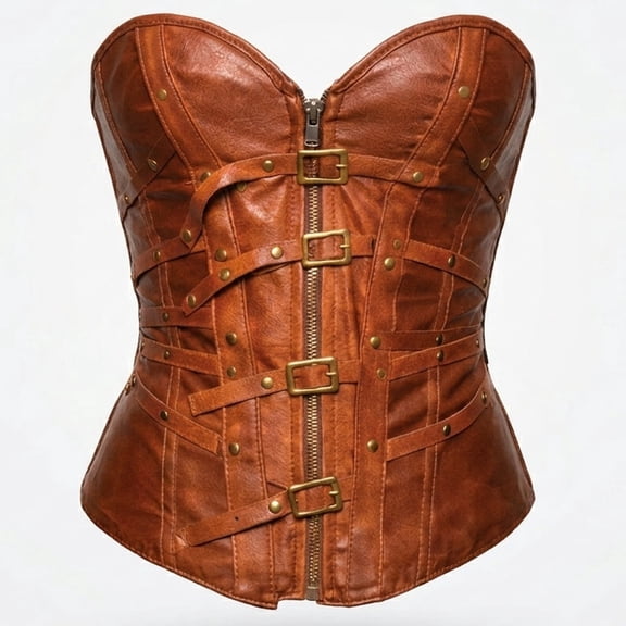 Underwraps Brown Sexy Faux Leather Corset Top For Women, Bustier Corset Tops Halloween Renaissance Costume (Medium 8-10)
