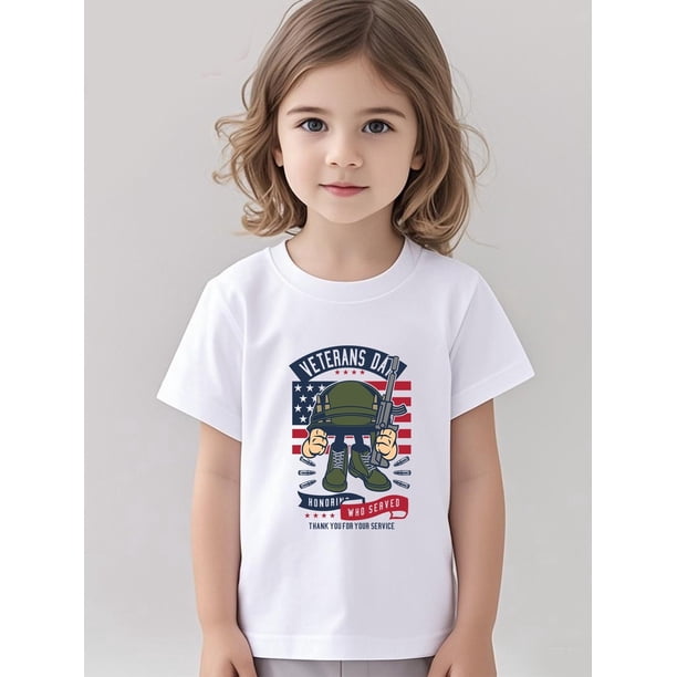 Girls' Patriotic Military Veteran Graphic T-Shirt - "Veterans quot; Design with American Flag & Saluting Soldier, White Casual Short Sleeve Tee for Summer, Everyday Kids Clothing, Perfect fo