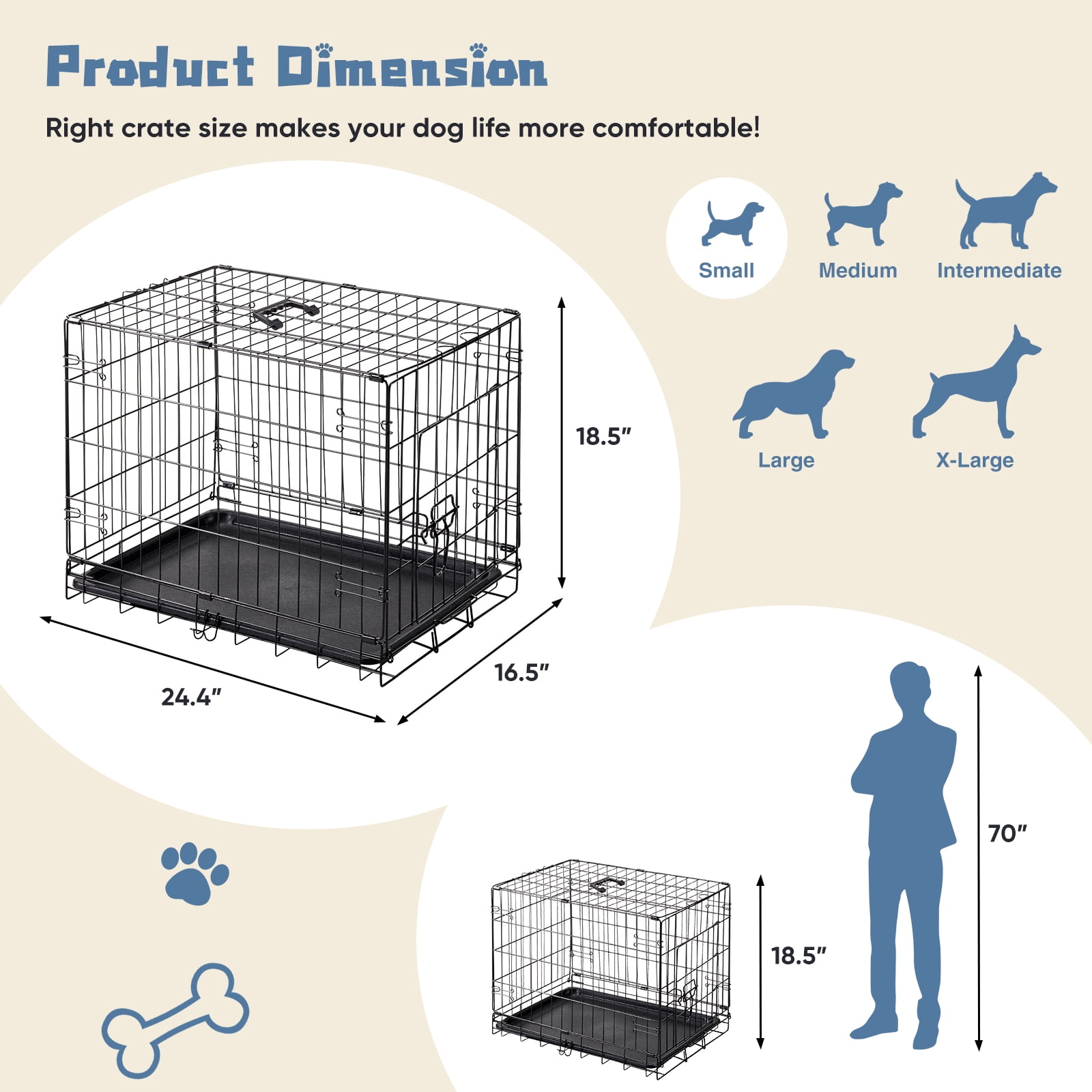 GIANNA Dog Crate, 30 Inch Medium Folding Metal Wire Pet Single Door Dog Cage with Divider Panel and Plastic Leak-Proof Pan Tray, Outdoor