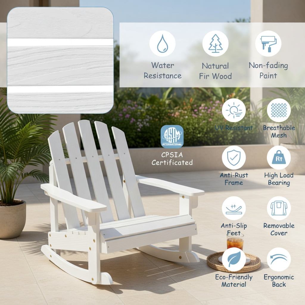 Hommoo 2-Person Fir Wood Adirondack Rocking Chair for Outdoor Backyard, Poolside & Patio, Weather-Resistant, Slatted Breathable Seat, White