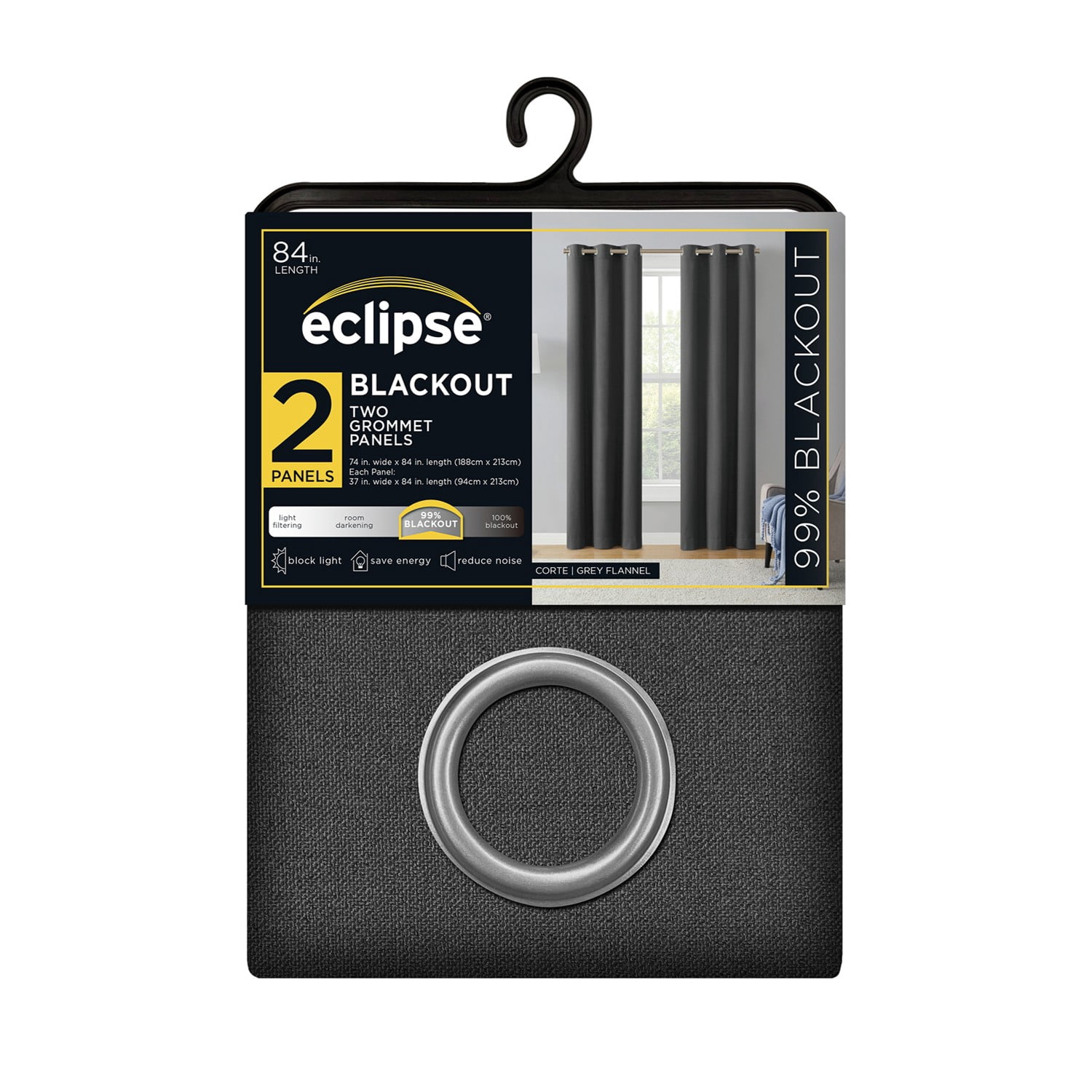 (2 pack) Eclipse Corte Solid Blackout Curtains, Set of 2, 84 Inch Long Blackout Curtains, 37" W x 84" L, Grey