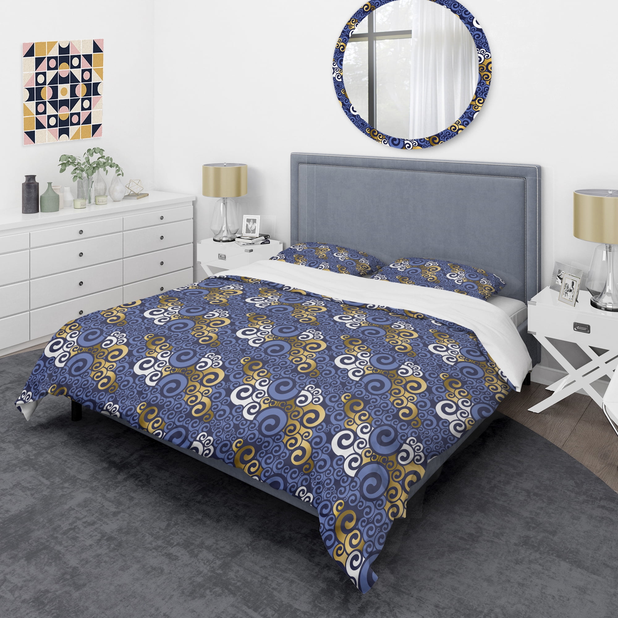 Designart 'Retro Luxury Waves In Gold And Blue III' Mid-Century Modern Duvet Cover Set