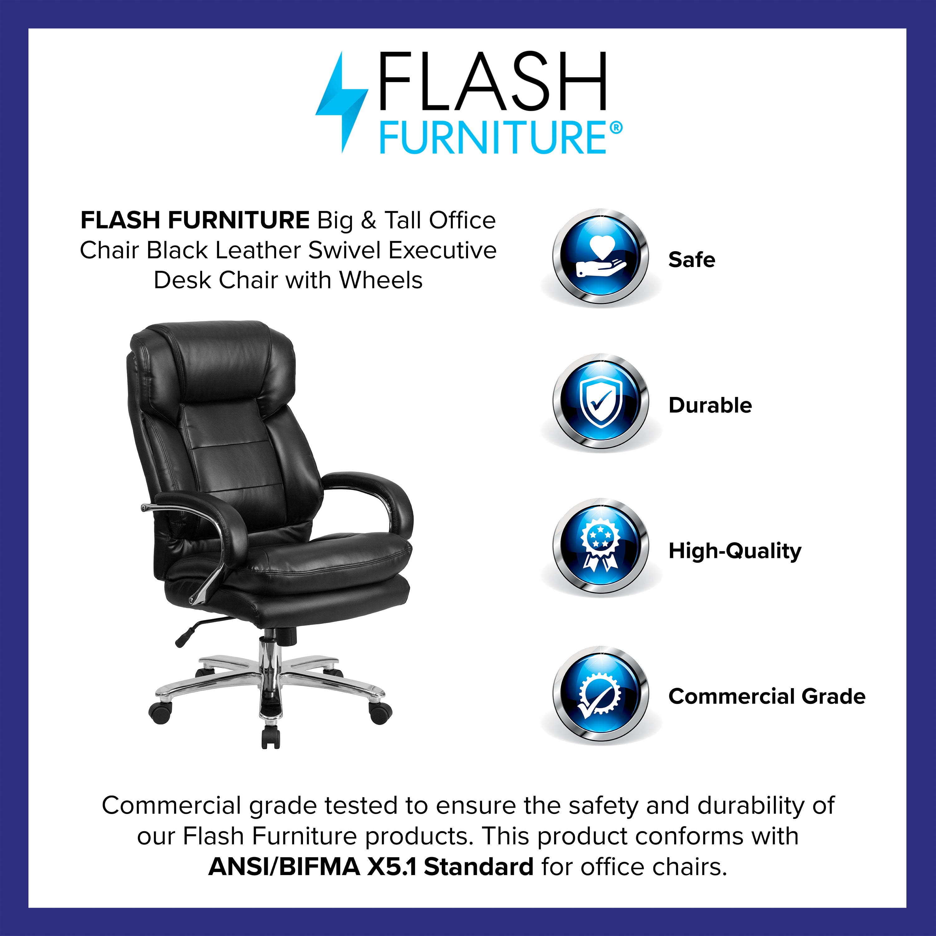 Emma + Oliver 24/7 500 lb. Big & Tall Black LeatherSoft Ergonomic Office Chair with Loop Arms