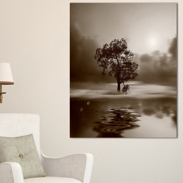 Designart - Alone Tree on Island in Sepia - Extra Large Wall Art Landscape