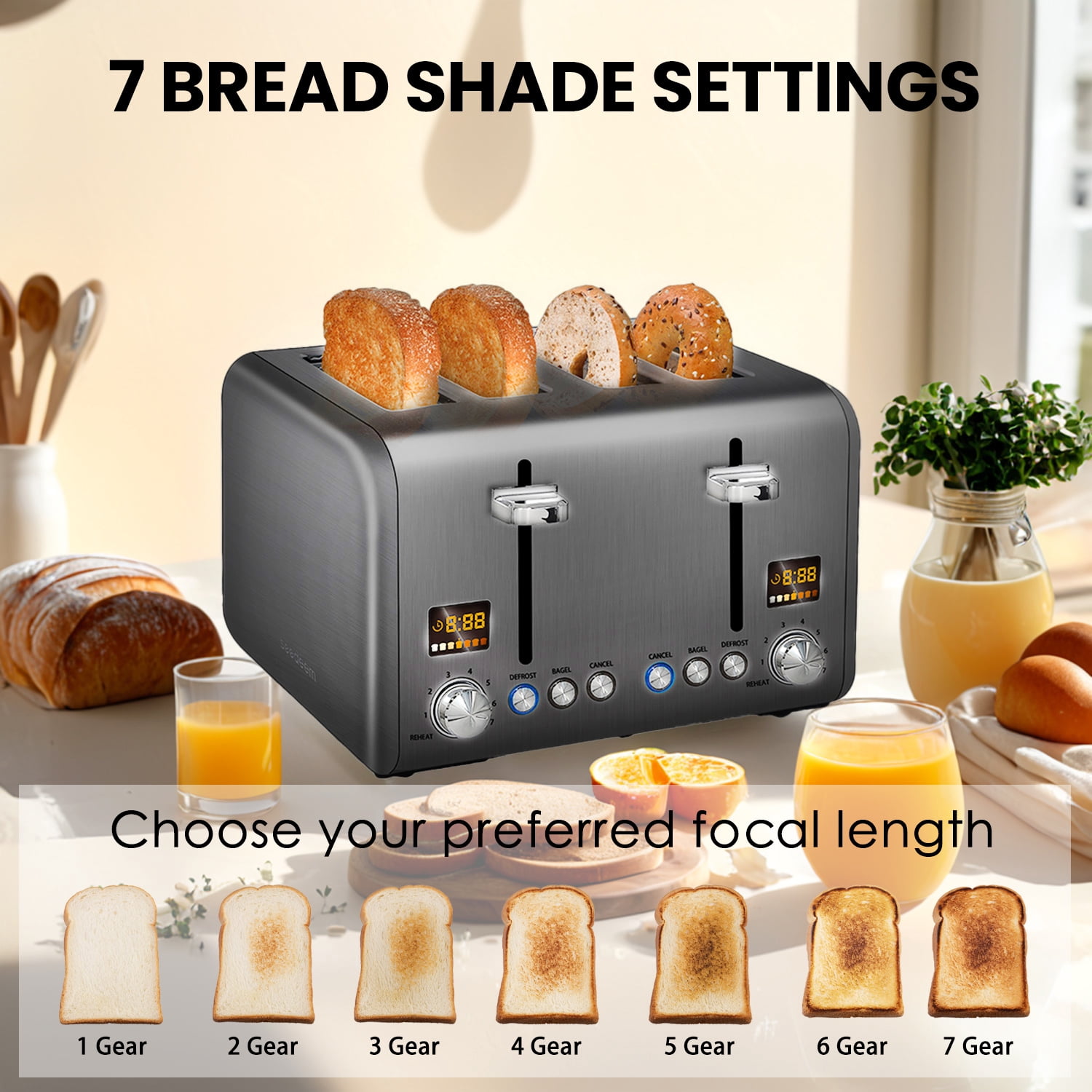 SEEDEEM 4 Slice Stainless Toaster with LCD Display, 7 Shade Settings, Wide Slots, Bagel/Defrost/Reheat Functions, Removable Crumb Tray, 1800W