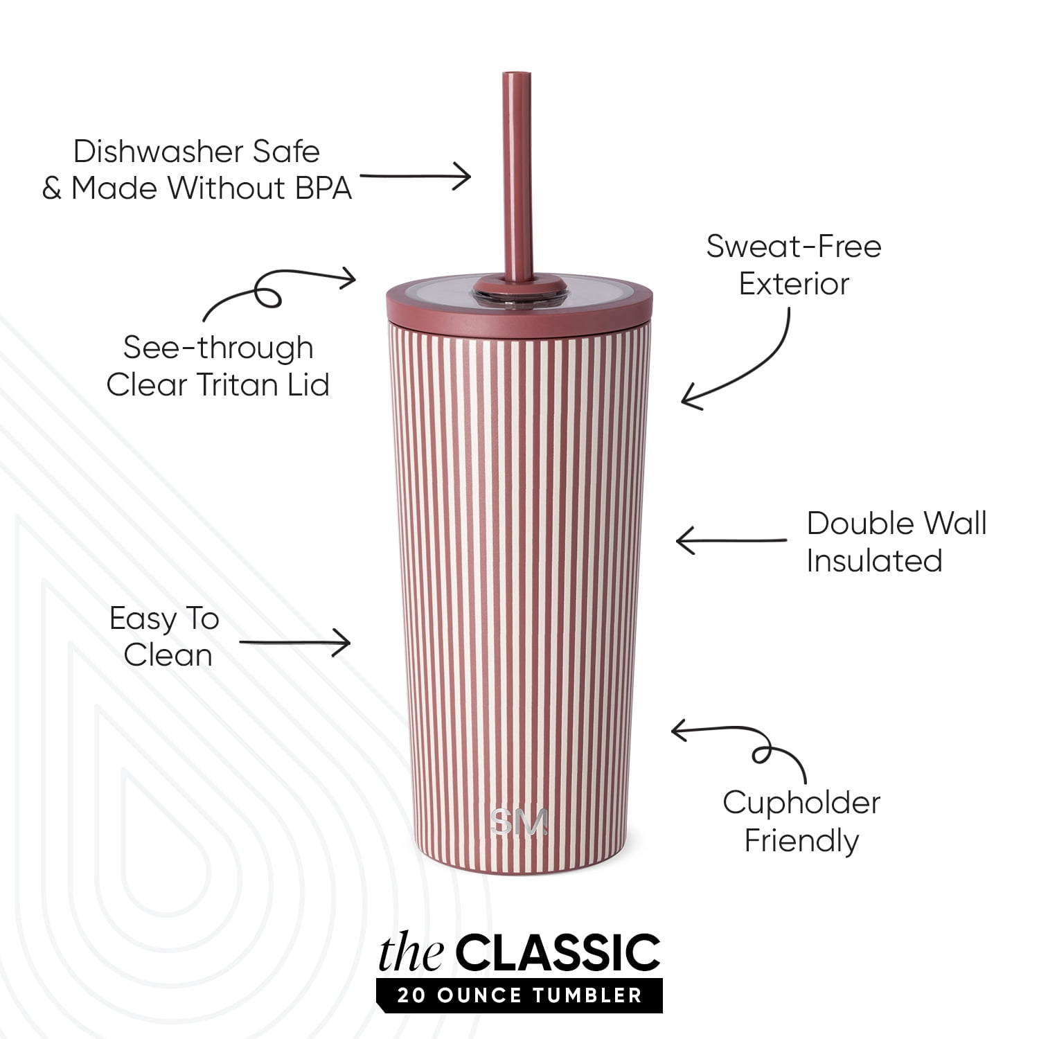 Simple Modern 20 fl oz Insulated Stainless Steel Classic Tumbler with Tritan Straw Lid|Mauve Stripes