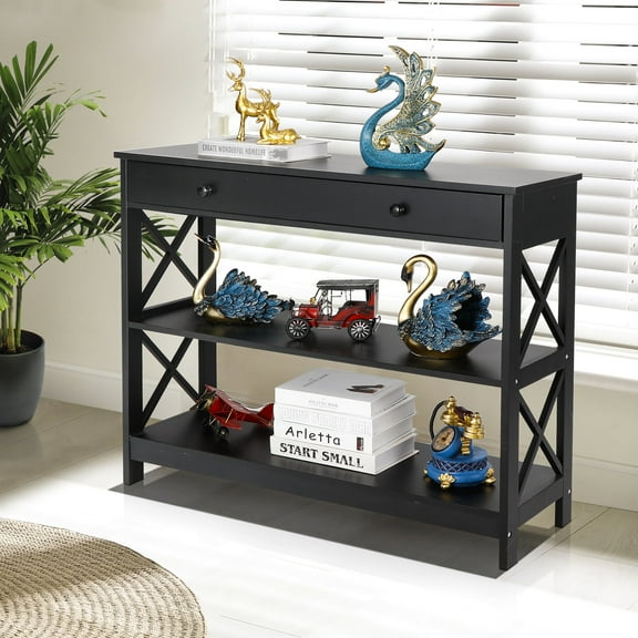 ZENY X-Design Modern Drawer Wooden Console Table with 2 Shelves, Black