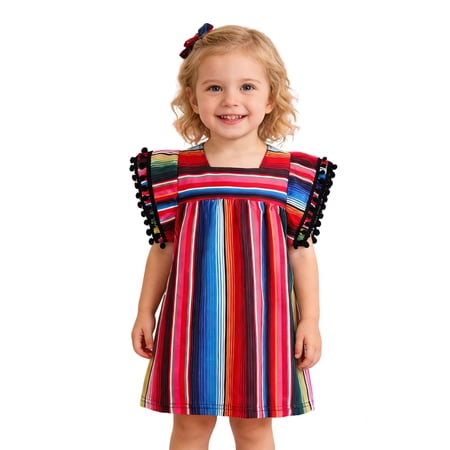 oqasdz Dresses for Girls Independence Day Fashion Flutter Sleeves Loose Fit Striped Patchwork Casual Celebration 4th of July Formal Dress