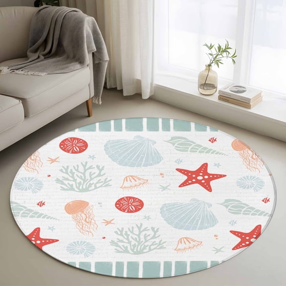 Round Rugs 3Ft, Sage Green Red Coastal Round Area Rug Washable Indoor Throw Carpet, Ocean Nautical Starfish Coral Striped Small Non Slip Circle Rug for Bedroom Living Room Home Decor Aesthetic