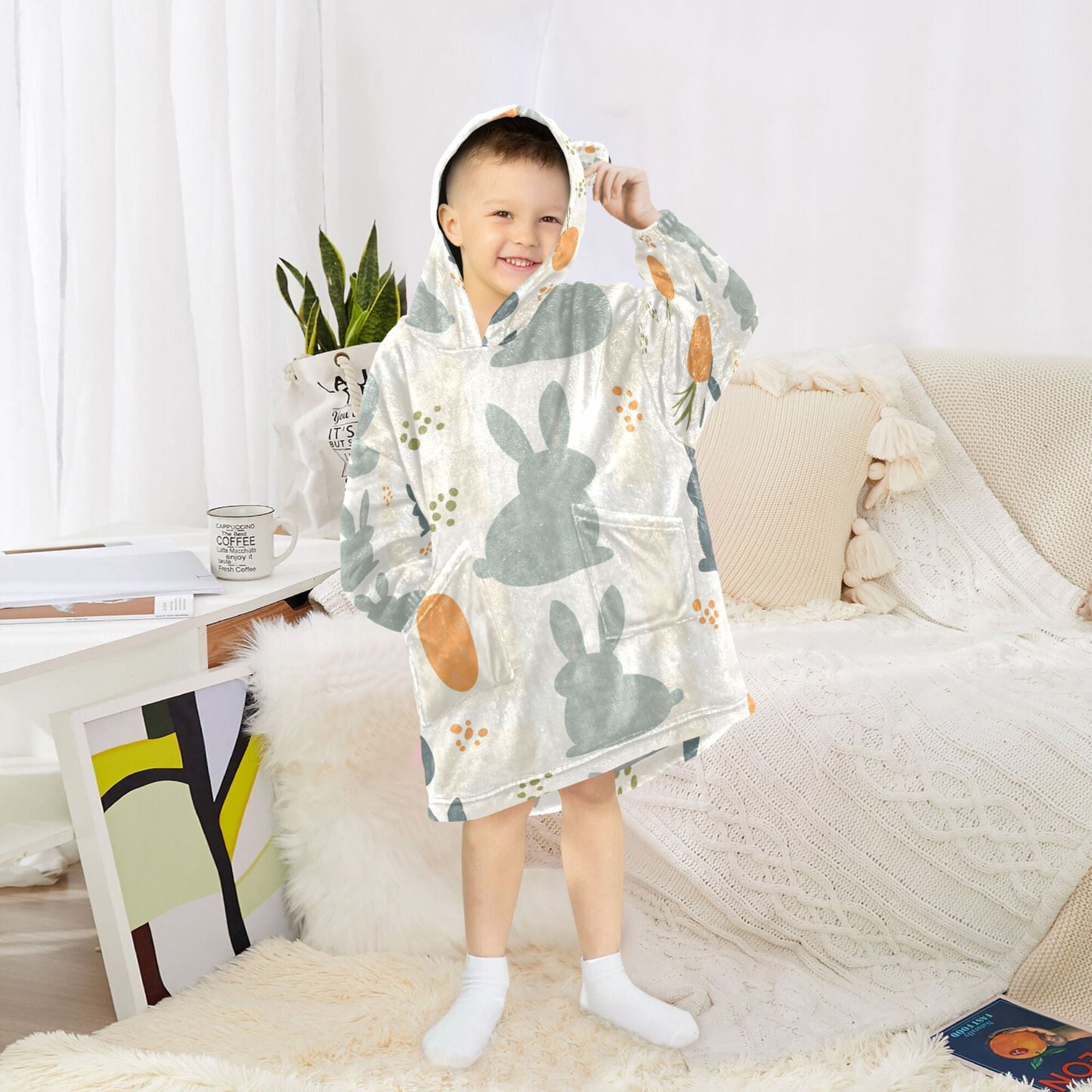 FORMRS Wearable Blanket Hoodie with Sleeves for Kids Cozy Flannel Sweatshirt, Whimsical Rabbits