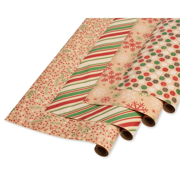 American Greetings Winter Wrapping Paper, Red, Green and Kraft (4-Rolls, 80 Sq. ft.)
