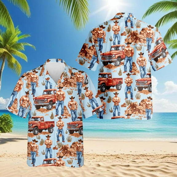 Western Cowboy Vintage Car Hawaiian Shirt for Men, Button Down Summer Beach Short Sleeve, Retro Style, S-5XL