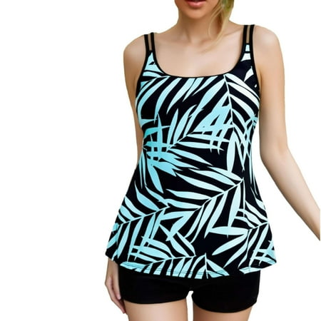 Wyobmus Tankini Swimsuits for Women Two Piece Tummy Control Bathing Suit High Waist Printing Padded Swim Dress With Boyshorts D-Green