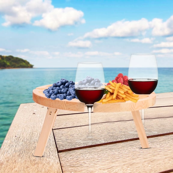 HEATSHAKING 1Pc Home Folding Table Wood Portable Round Wine Table with Storage for Wine Glasses