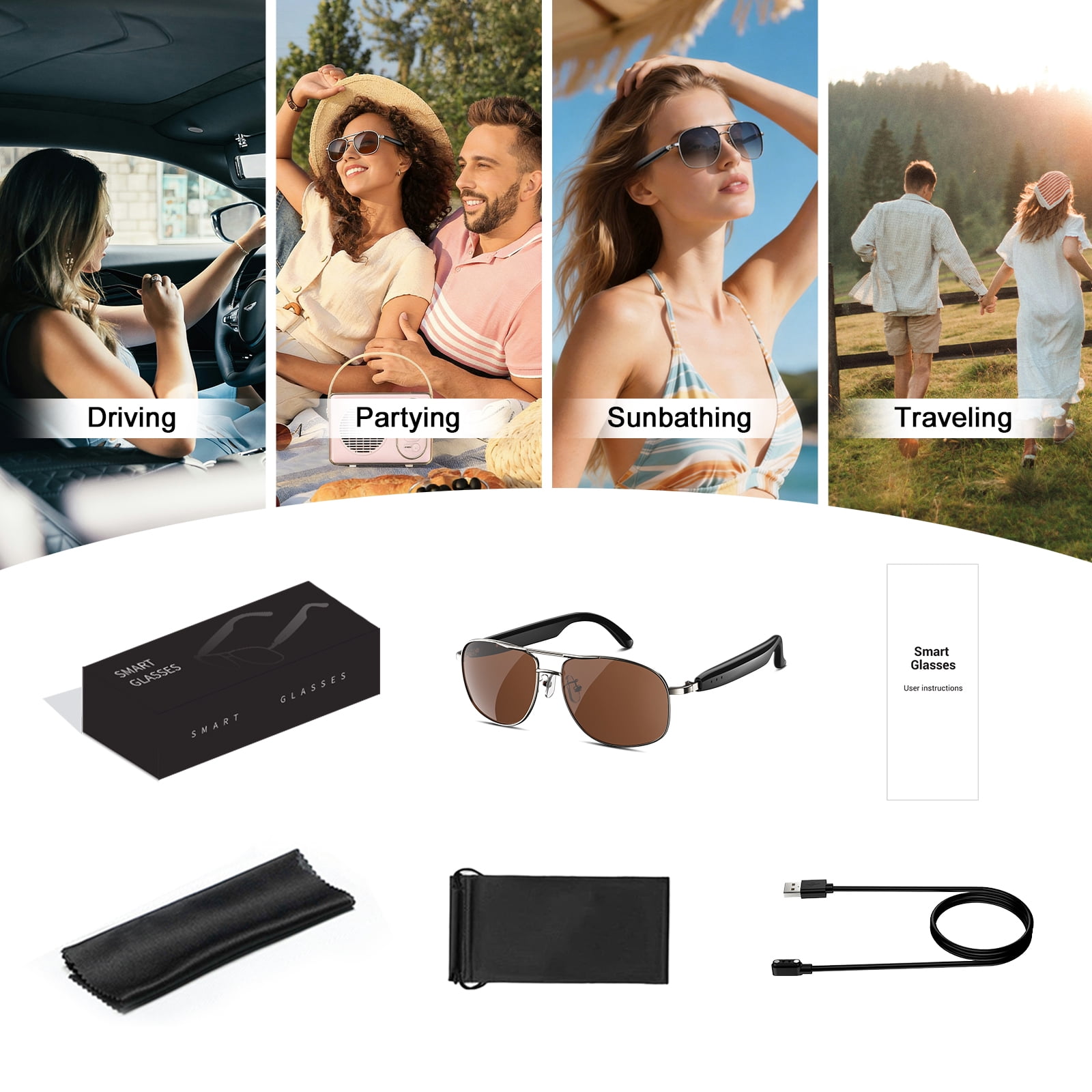 LUOMATE Smart Glasses with Bluetooth Audio, Sunglasses with Voice Assistant, Open Ear Speaker, LensTouch Control for Travel Work Business (Sliver)