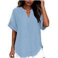 thumbnail image 6 of CBASIHI Womens Oversized Short Sleeve Tops- Vintage Casual V Neck Summer Basic T Shirts Light Blue Size M, 6 of 9