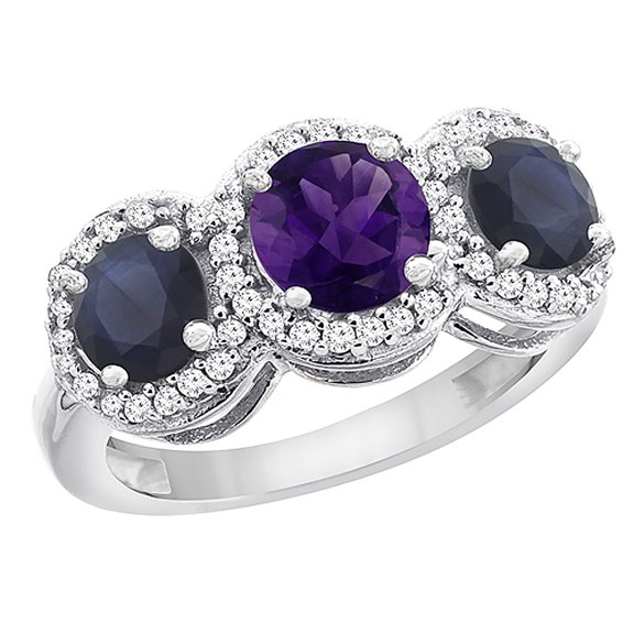 10K White Gold Natural Amethyst & High Quality Blue Sapphire Sides Round 3-stone Ring Diamond Accents, size 7