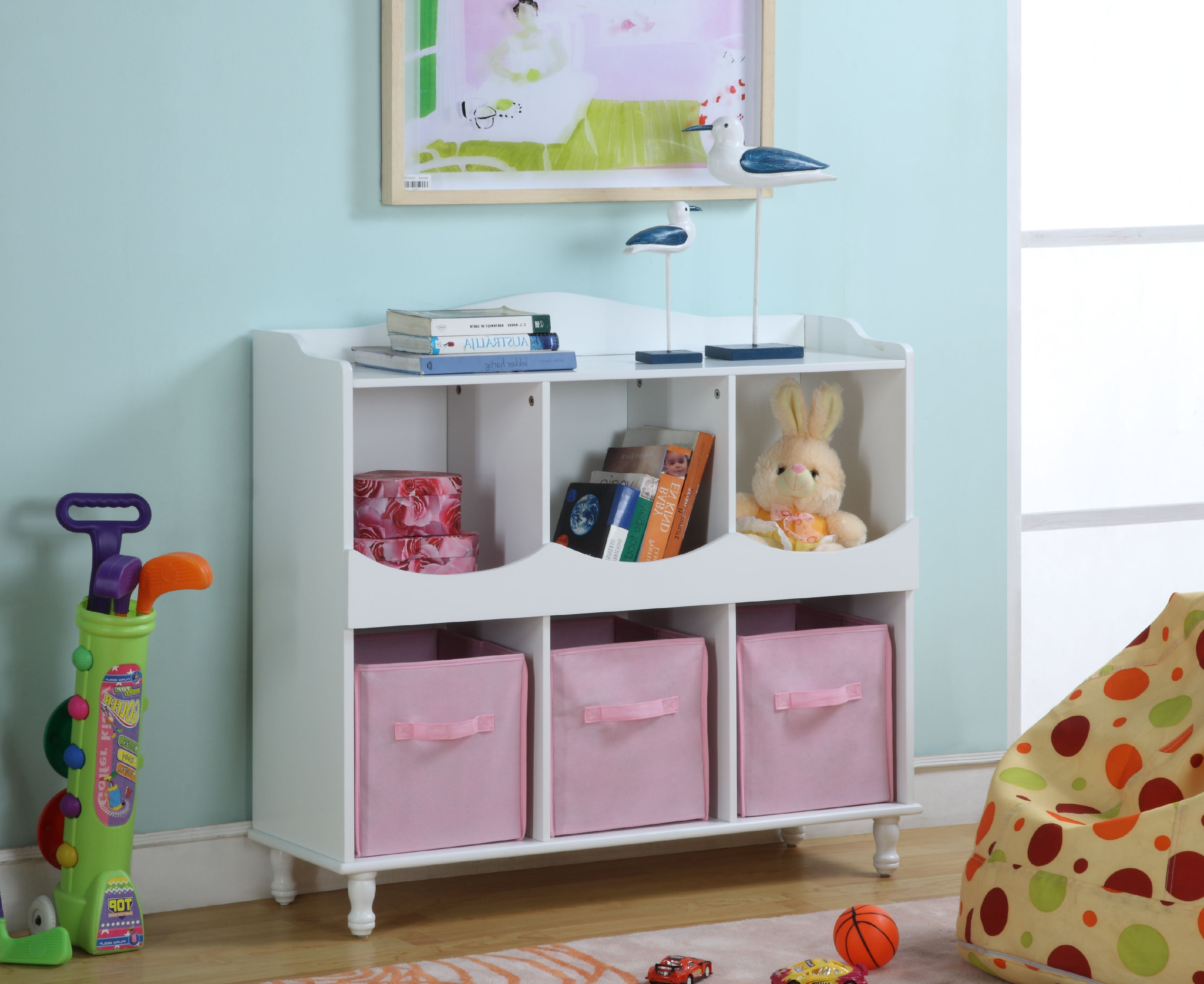 Marie White Pink Wood Kids Storage Cubby Display Cabinet With