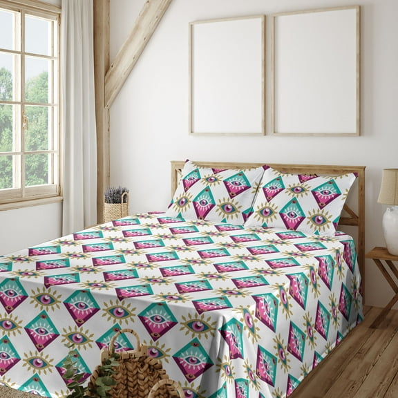 Ambesonne Fantasy Fitted & Flat Sheet with Shams 4 Pcs Set, Esoteric Psychedelic Eyes, Full, Pink and Dark Seafoam