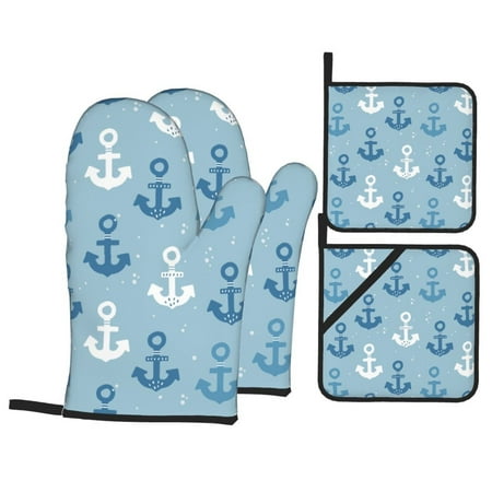 

Oven Mitts and Pot Holders Sets 4 pcs Cute anchor blue Non-Slip Oven Gloves Potholders Soft Quilted Lining Heat Resistant Gloves Hot Pads for Kitchen Cooking Baking