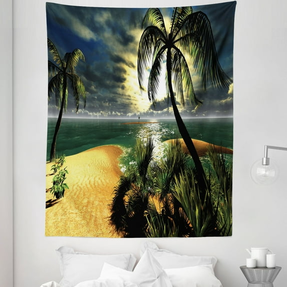Beach Tapestry, Hawaiian Sunset Scenery Tropical Sandy Coast and Palm Trees Twilight, Fabric Wall Hanging Decor for Bedroom Living Room Dorm, 5 Sizes, Jade Green and Mustard, by Ambesonne